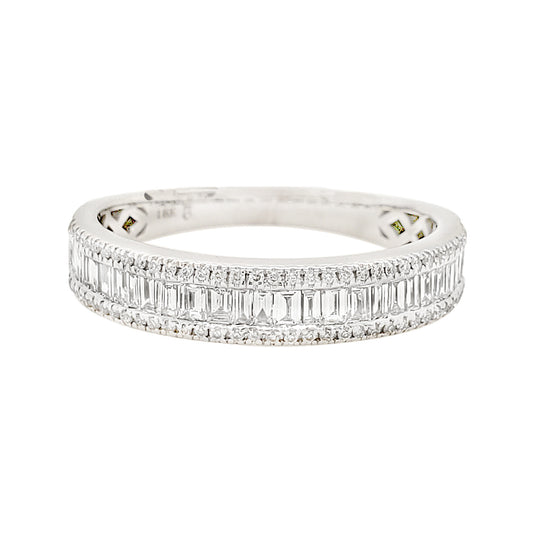 14K White Gold Diamond Band, Baguette & Round Stone, Art Deco Style