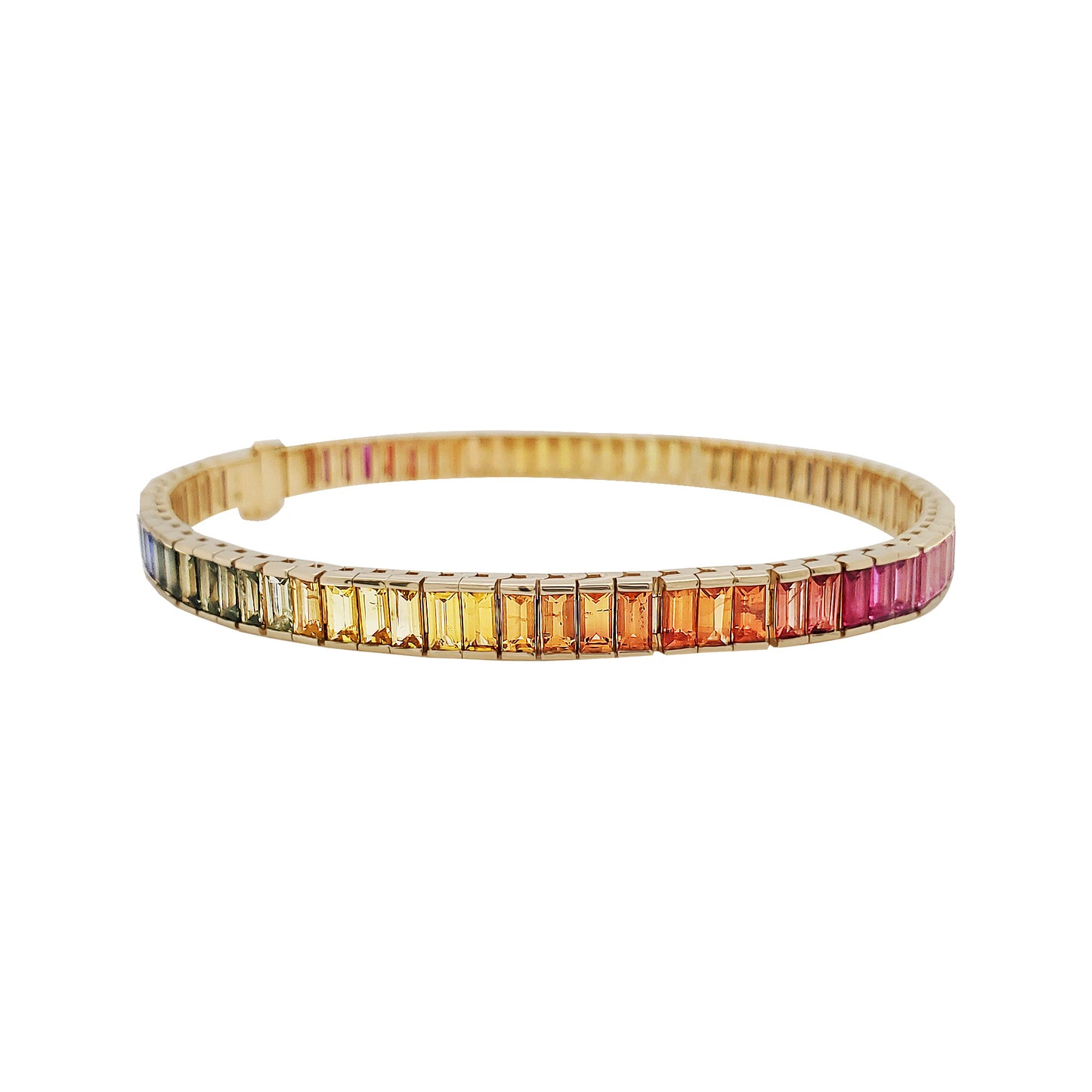 14K Gold Rainbow Sapphire Bracelet, Baguette Gemstone Bangle