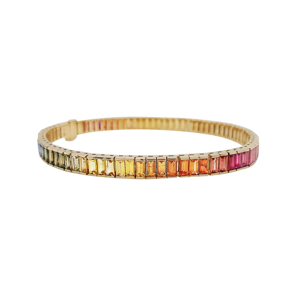 14K Gold Rainbow Sapphire Bracelet, Baguette Gemstone Bangle