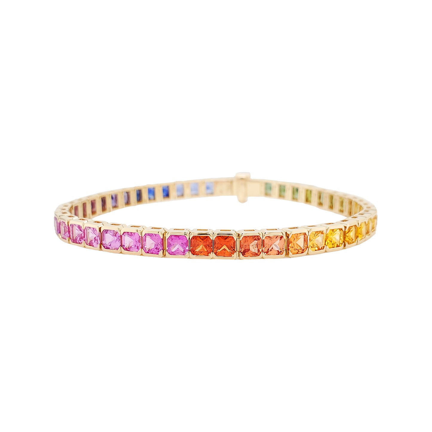 14K Gold Rainbow Sapphire Bracelet, Asscher Cut Gemstone Tennis Jewelry