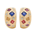 14K Gold Multicolor Sapphire & Diamond Huggie Earrings, Rainbow Gemstone Jewelry