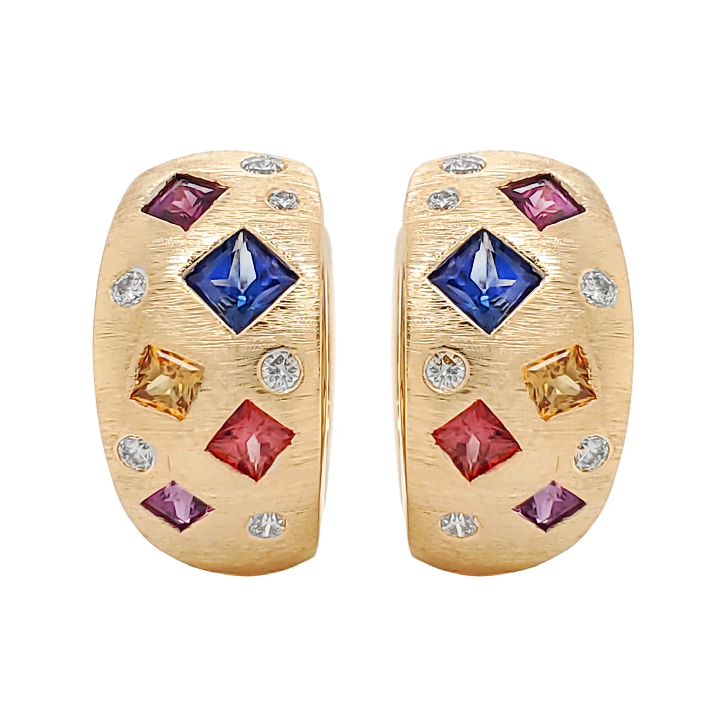 14K Gold Multicolor Sapphire & Diamond Huggie Earrings, Rainbow Gemstone Jewelry