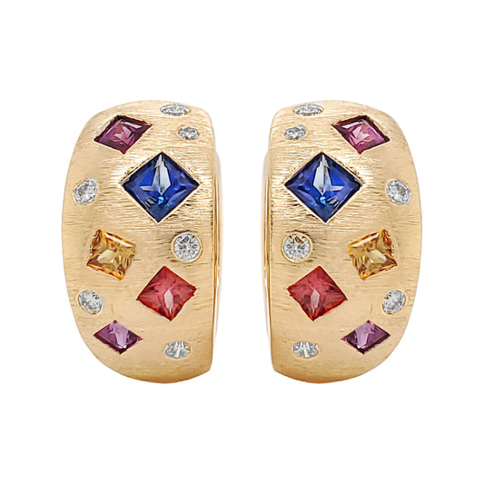 14K Gold Multicolor Sapphire & Diamond Huggie Earrings, Rainbow Gemstone Jewelry