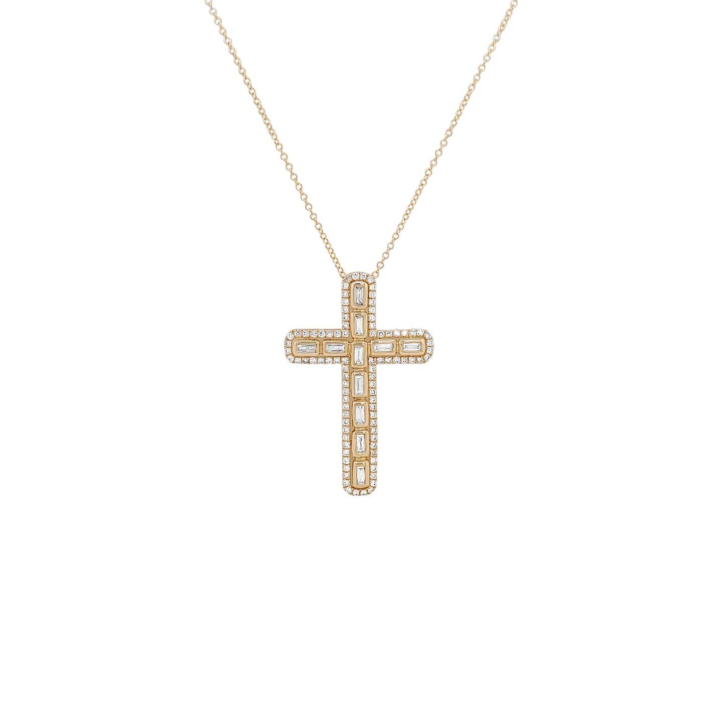 14K Gold Diamond Cross Pendant Necklace, Baguette & Round Cut, Religious Jewelry