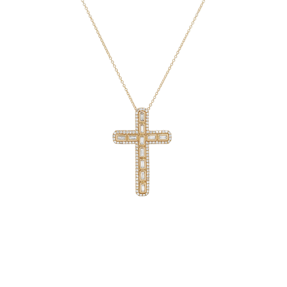 14K Gold Diamond Cross Pendant Necklace, Baguette & Round Cut, Religious Jewelry