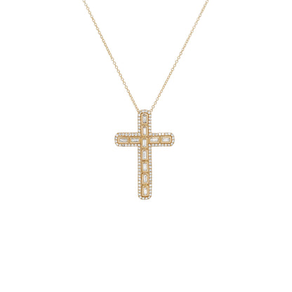 14K Gold Diamond Cross Pendant Necklace, Baguette & Round Cut, Religious Jewelry