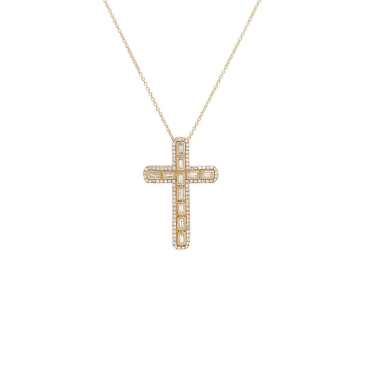 14K Gold Diamond Cross Pendant Necklace, Baguette & Round Cut, Religious Jewelry