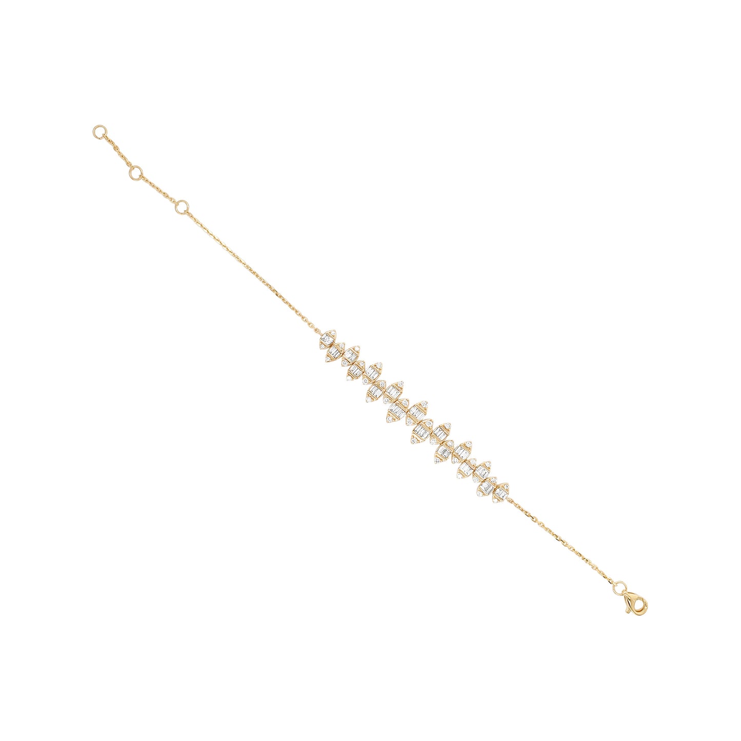 14K Gold Diamond Station Bracelet, Baguette & Round Cut, Adjustable Cable Chain
