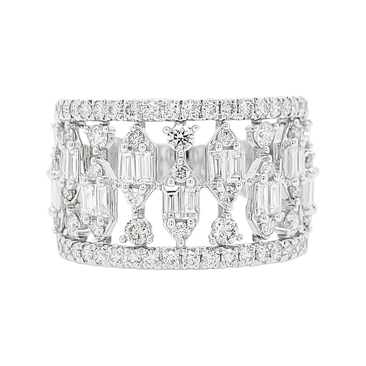 14K Gold Diamond Statement Ring, Baguette Round Cut, Art Deco Wide Band