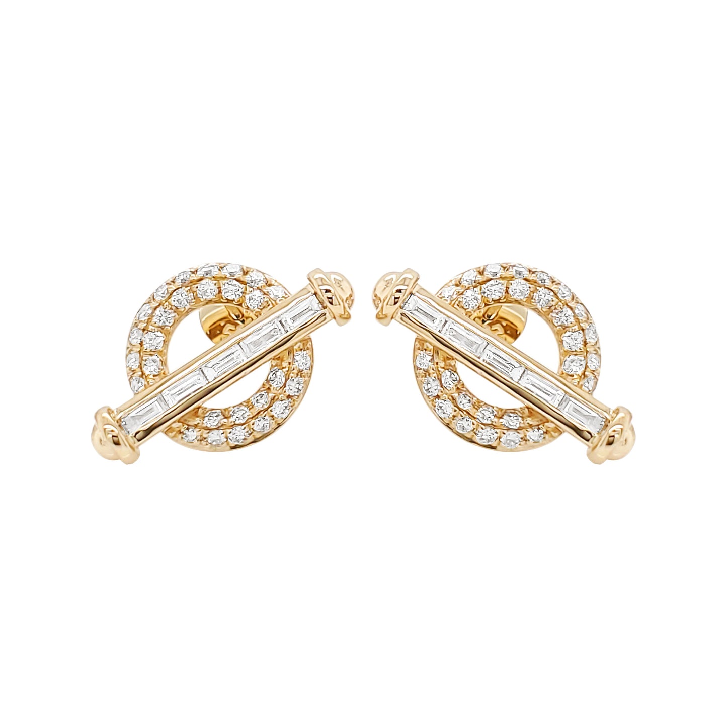 14K Solid Gold Diamond Toggle Earrings, Baguette Round Cluster Hoops