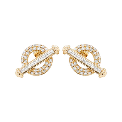14K Solid Gold Diamond Toggle Earrings, Baguette Round Cluster Hoops