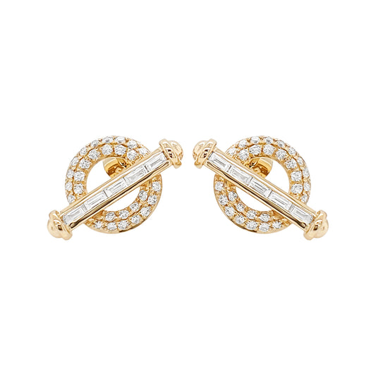 14K Solid Gold Diamond Toggle Earrings, Baguette Round Cluster Hoops