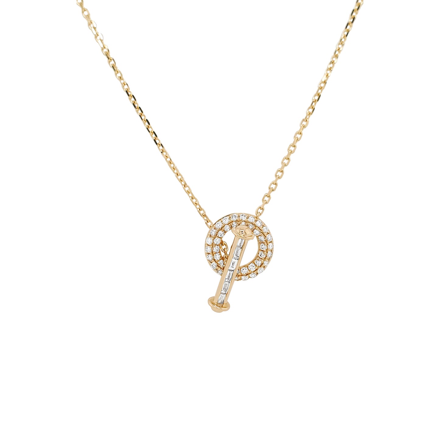 14K Gold Diamond Toggle Necklace, Baguette Round Pendant, Modern Jewelry