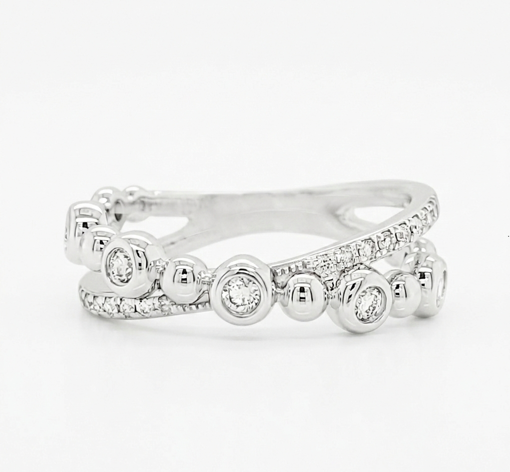 14K White Gold Diamond Crossover Ring, Bezel Set Pavé Band