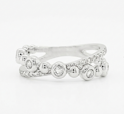 14K White Gold Diamond Crossover Ring, Bezel Set Pavé Band