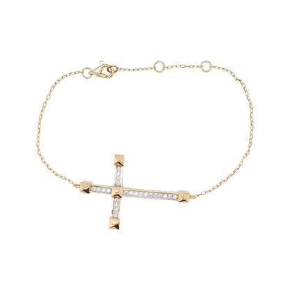 14K White Gold Diamond Cross Bracelet, Sideways Crucifix, Religious Jewelry