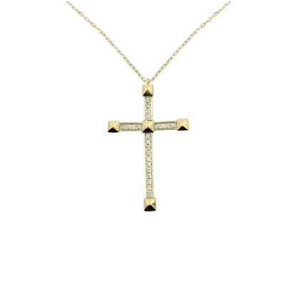 14K Solid Yellow Gold Holy Cross With Natural Diamond Pendant Necklace Christian Jewelry, Religious Gift For Women
