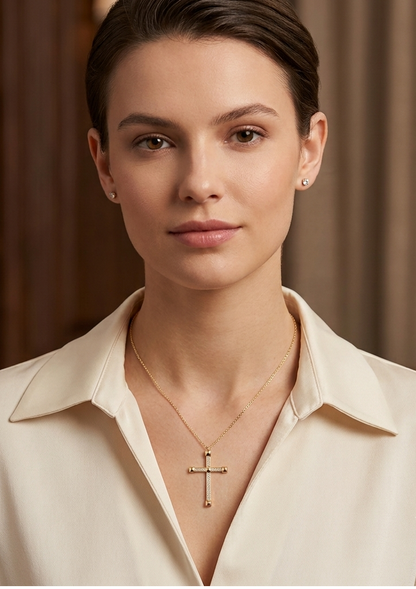 14K Solid Yellow Gold Holy Cross With Natural Diamond Pendant Necklace Christian Jewelry, Religious Gift For Women
