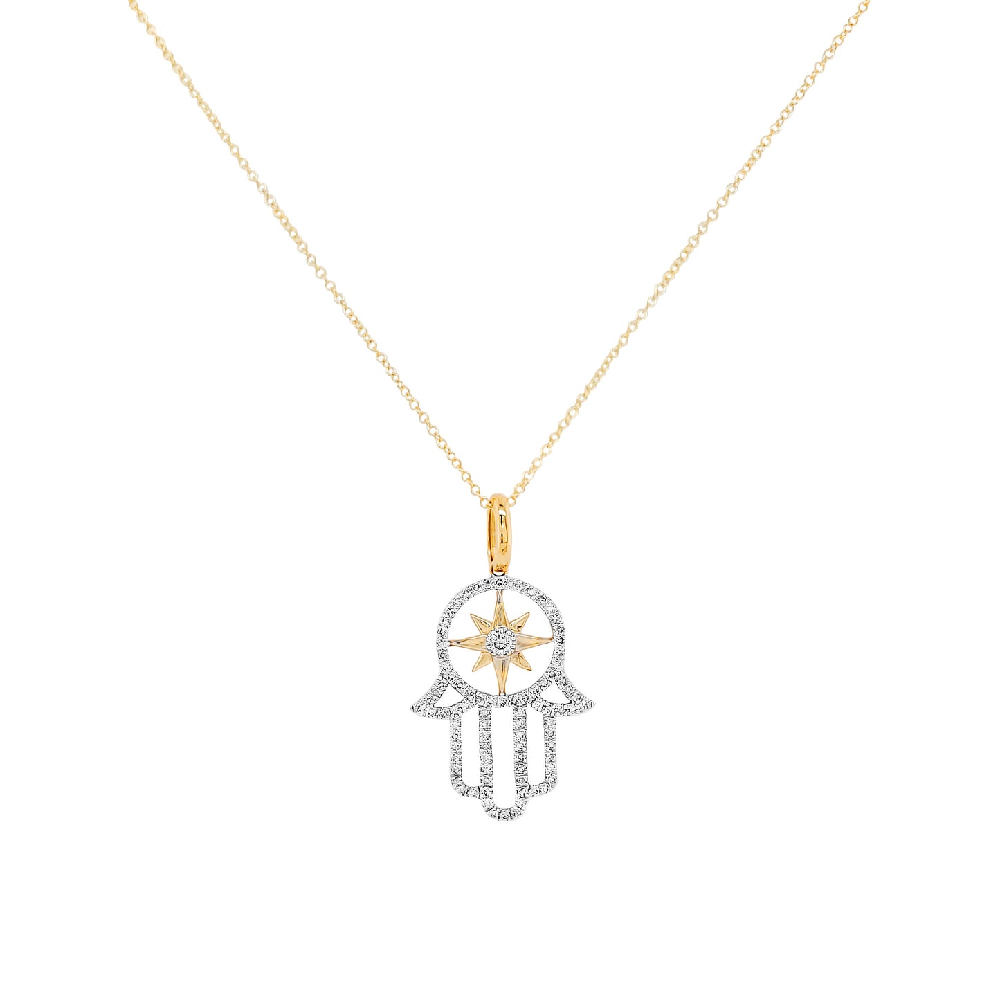 14K Gold Diamond Hamsa Necklace, North Star Charm, Spiritual Jewelry