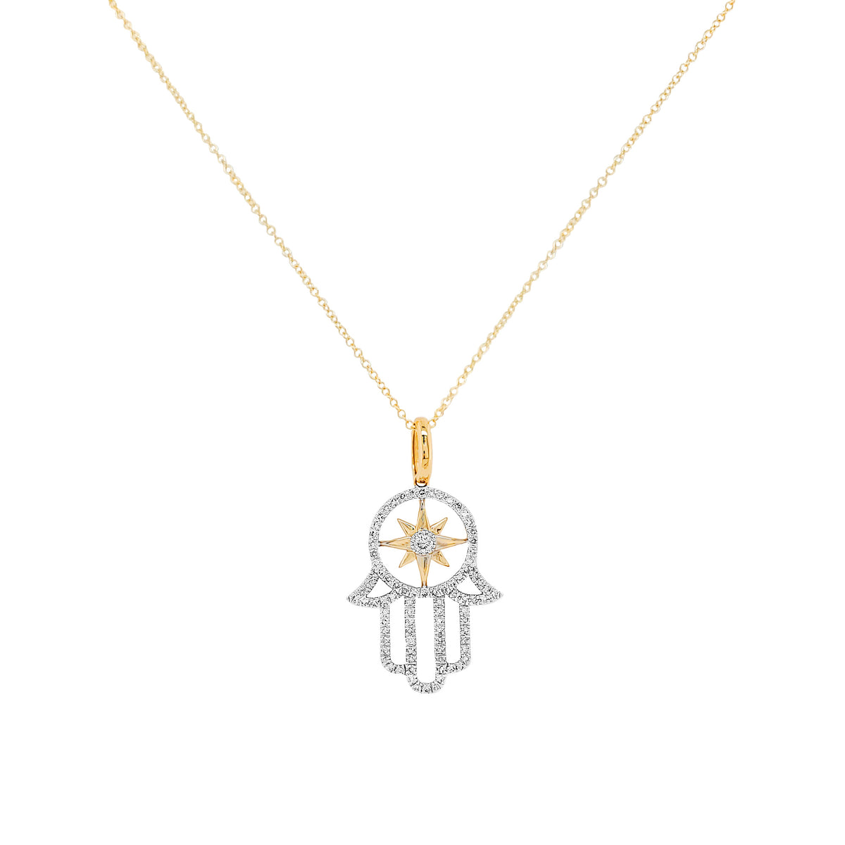 14K Gold Diamond Hamsa Necklace, North Star Charm, Spiritual Jewelry
