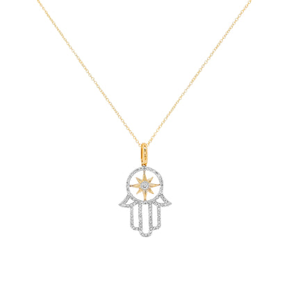 14K Gold Diamond Hamsa Necklace, North Star Charm, Spiritual Jewelry