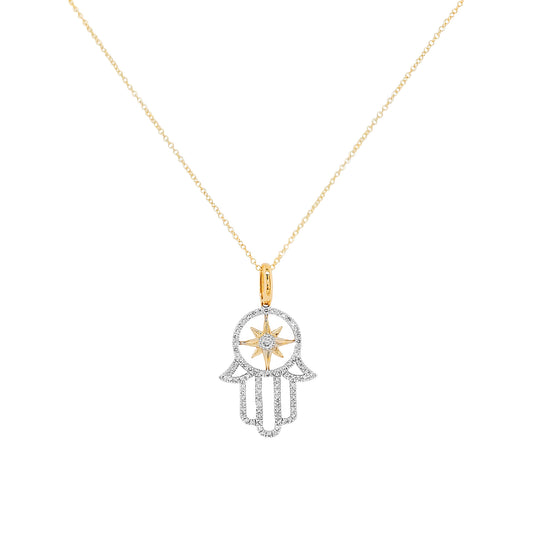 14K Gold Diamond Hamsa Necklace, North Star Charm, Spiritual Jewelry