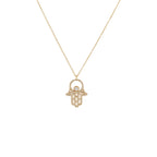 14K Gold Diamond Hamsa Necklace, Filigree Hand Pendant, 18 Inch Chain