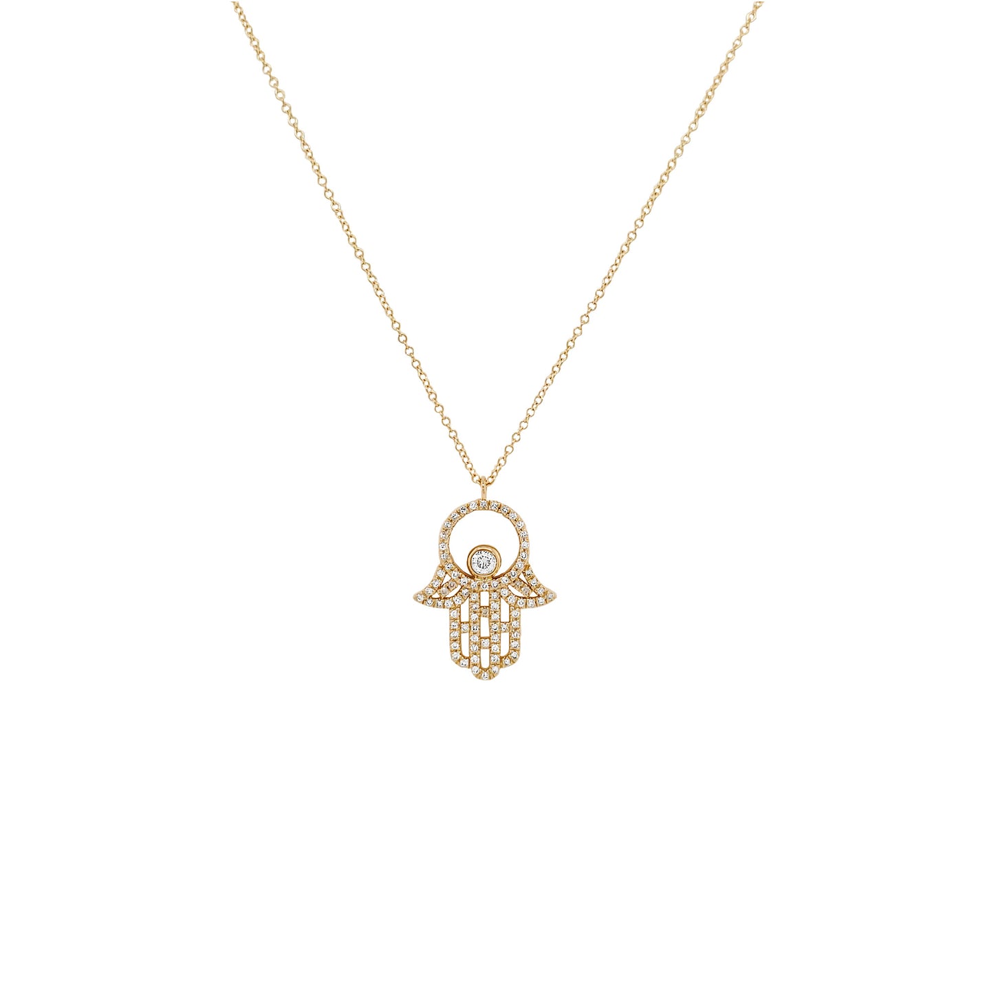 14K Gold Diamond Hamsa Necklace, Filigree Hand Pendant, 18 Inch Chain