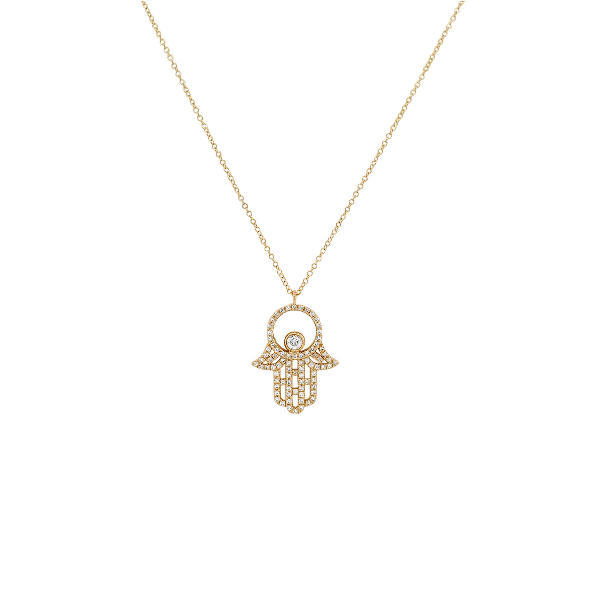 14K Gold Diamond Hamsa Necklace, Filigree Hand Pendant, 18 Inch Chain