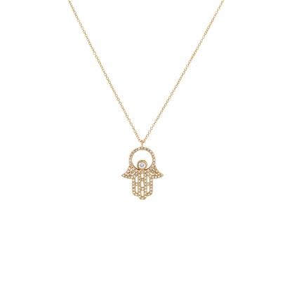 14K Gold Diamond Hamsa Necklace, Filigree Hand Pendant, 18 Inch Chain