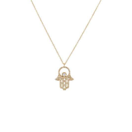 14K Gold Diamond Hamsa Necklace, Filigree Hand Pendant, 18 Inch Chain