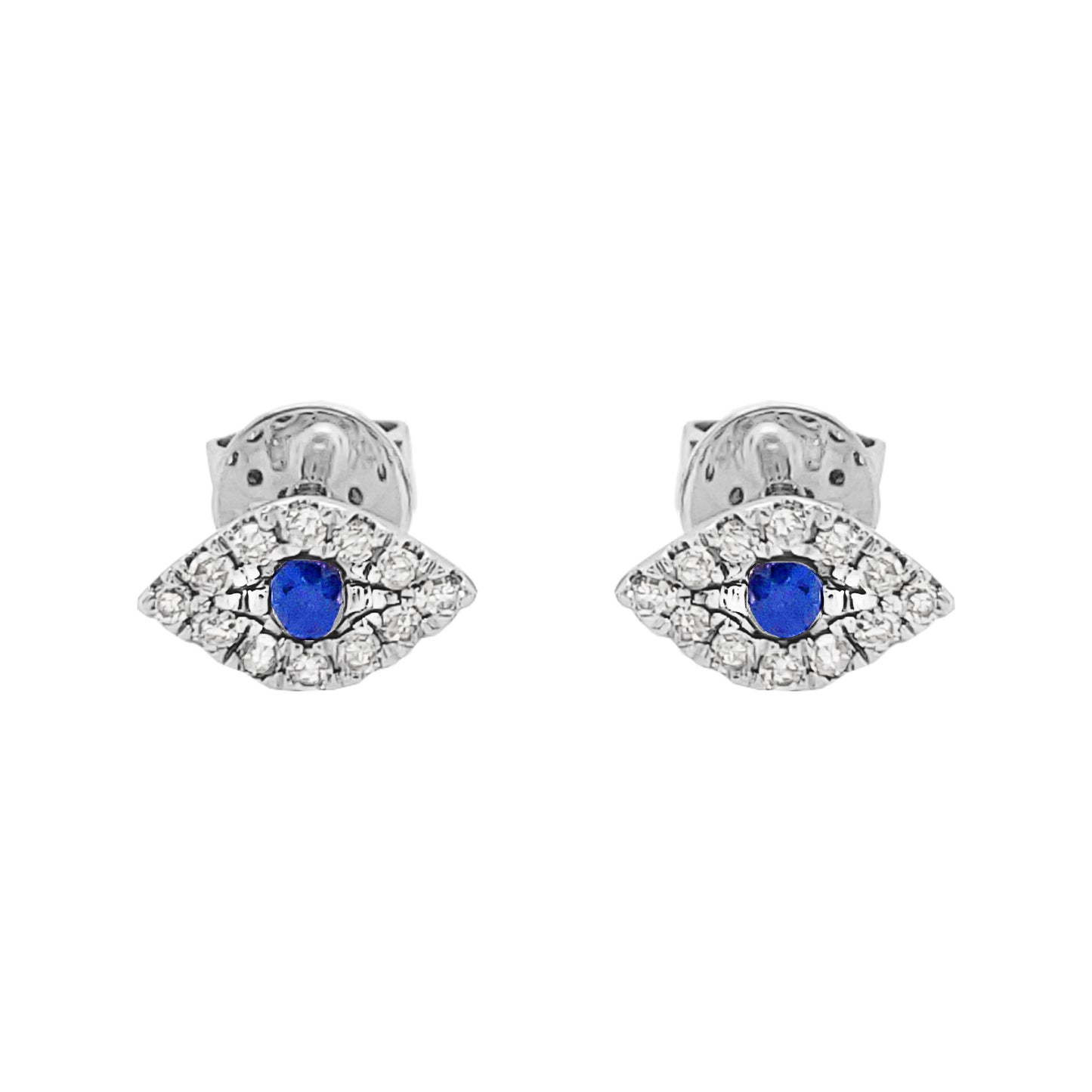 14K Gold Blue Sapphire Diamond Evil Eye Stud Earrings