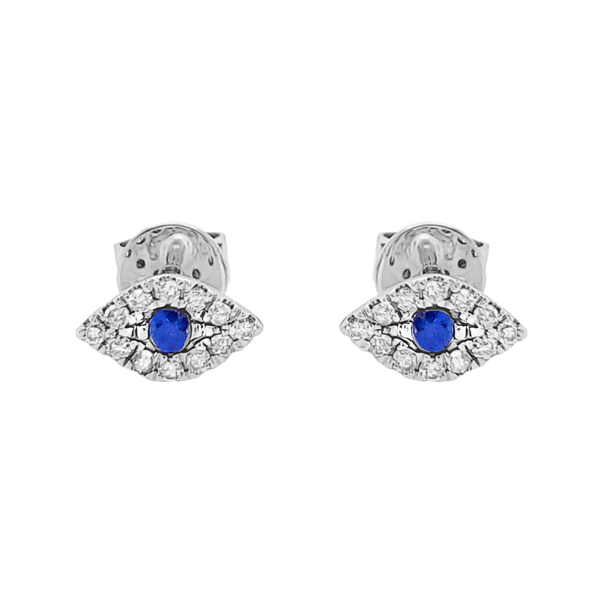 14K Gold Blue Sapphire Diamond Evil Eye Stud Earrings