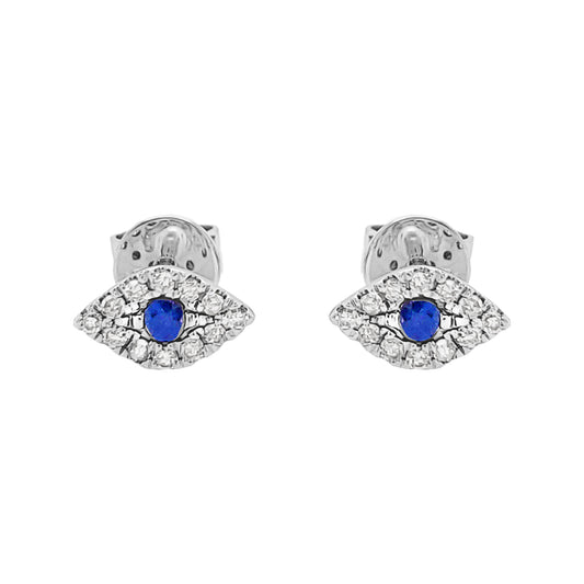 14K Gold Blue Sapphire Diamond Evil Eye Stud Earrings