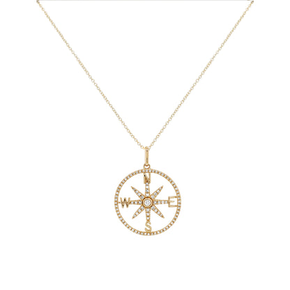 14K Gold Diamond Compass Necklace, Celestial Medallion, Nautical Jewelry