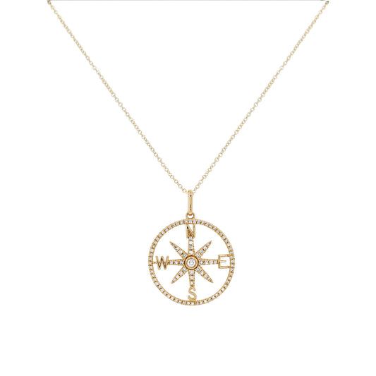 14K Gold Diamond Compass Necklace, Celestial Medallion, Nautical Jewelry