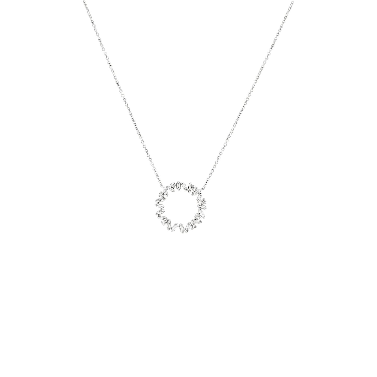 Baguette Diamond Circle Pendant Necklace, 14K White Gold, Geometric Halo