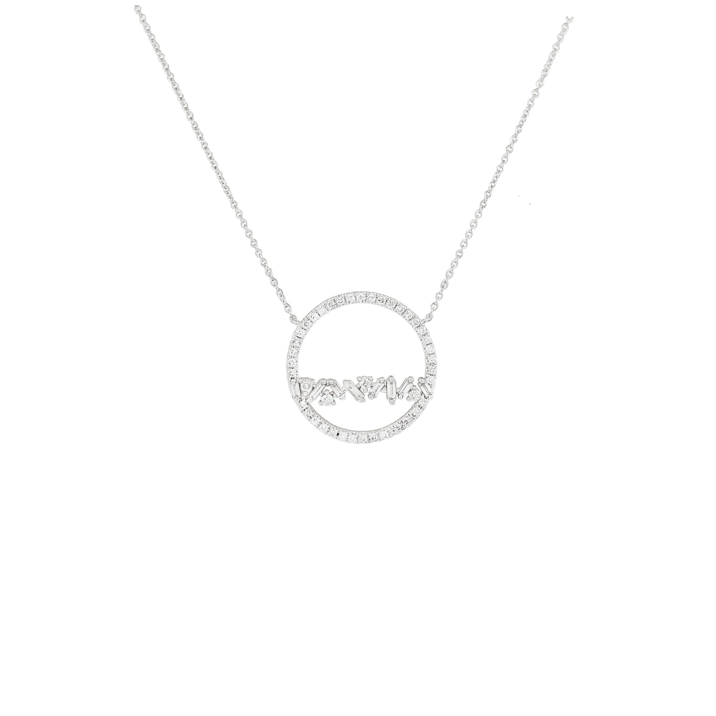 Baguette Diamond Circle Pendant Necklace, 14K White Gold, Geometric Horizon