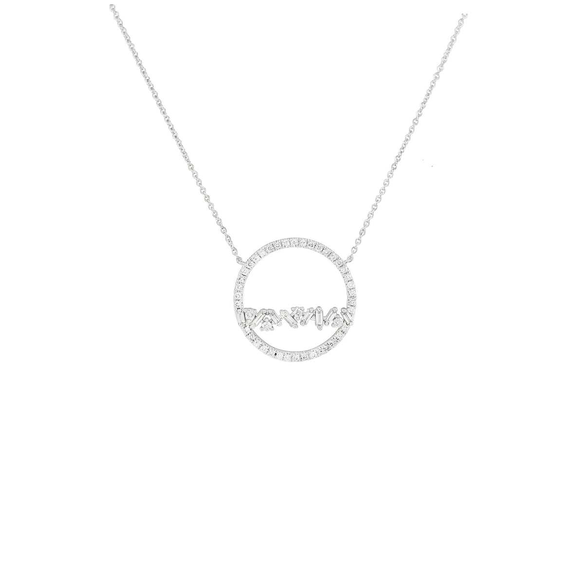Baguette Diamond Circle Pendant Necklace, 14K White Gold, Geometric Horizon