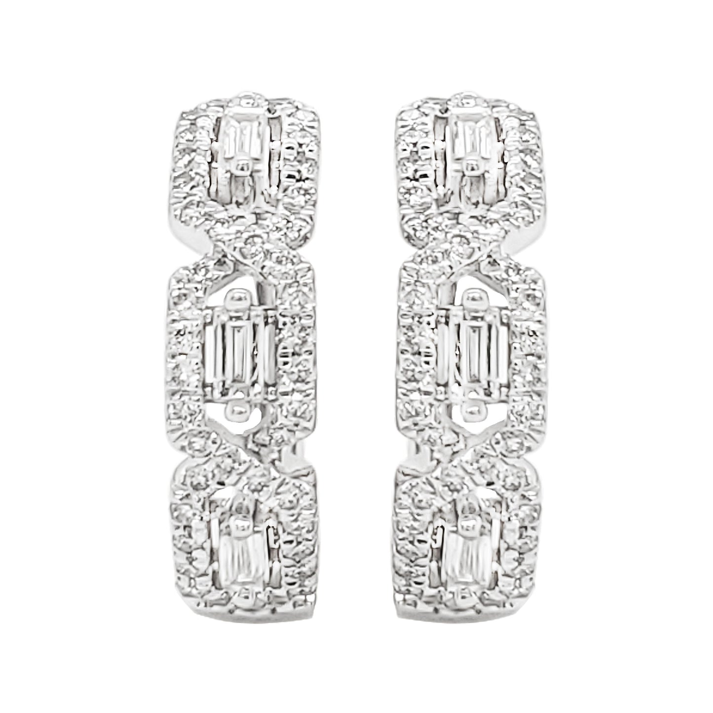 14K White Gold Baguette Diamond J-Hoop Earrings, Triple Halo, 2/5 CTW