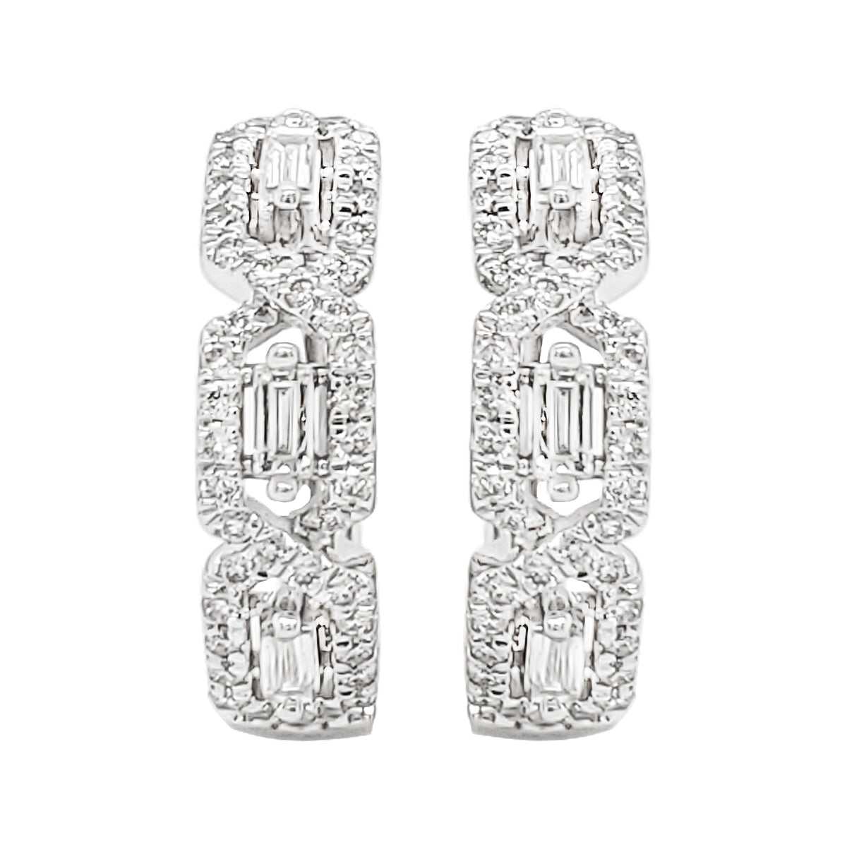 14K White Gold Baguette Diamond J-Hoop Earrings, Triple Halo, 2/5 CTW