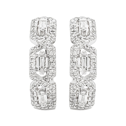 14K White Gold Baguette Diamond J-Hoop Earrings, Triple Halo, 2/5 CTW