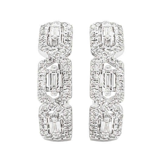 14K White Gold Baguette Diamond J-Hoop Earrings, Triple Halo, 2/5 CTW