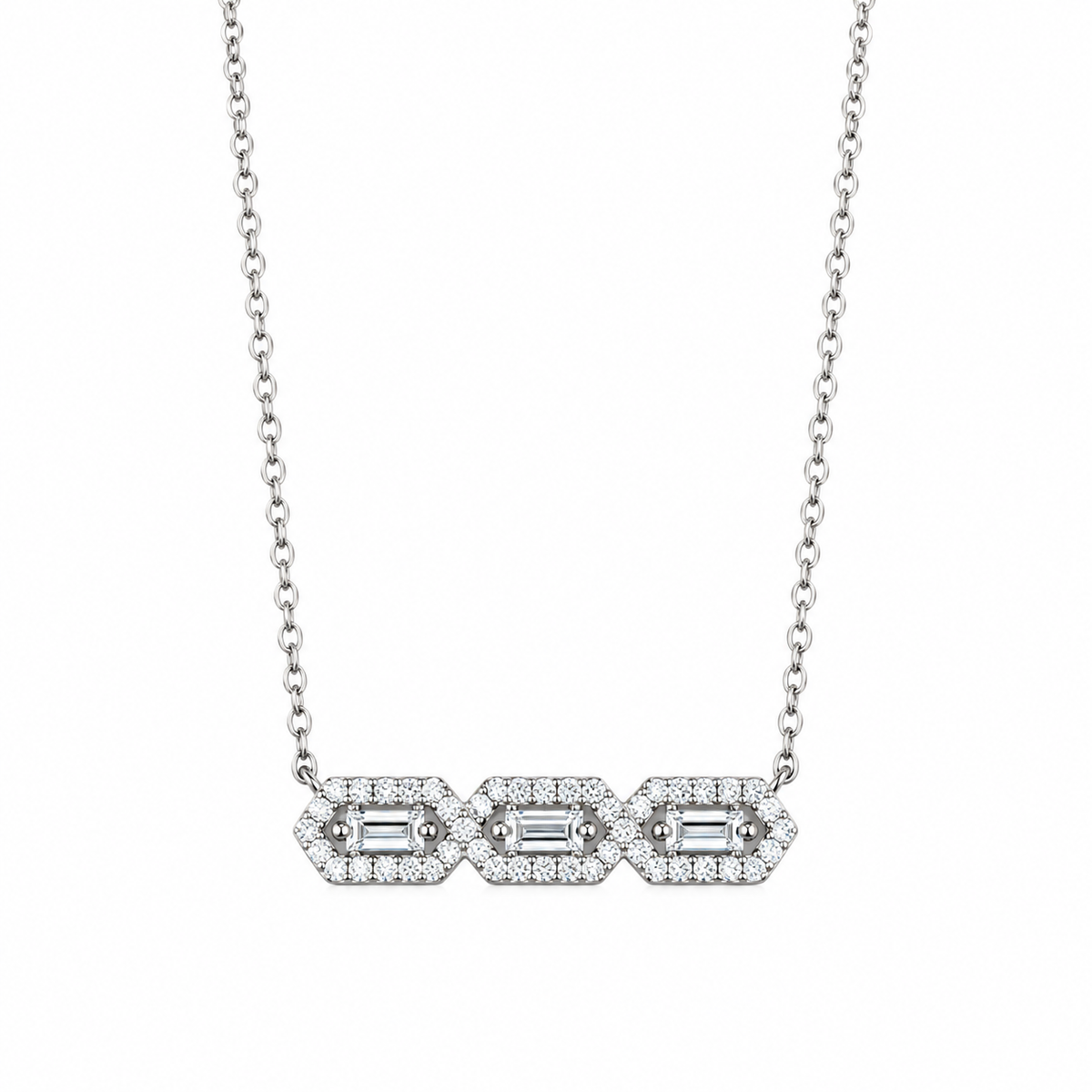 14K White Gold Diamond Pendant Necklace, Baguette & Round Cut, 1/5 CTW, 18 Inch Adjustable Chain