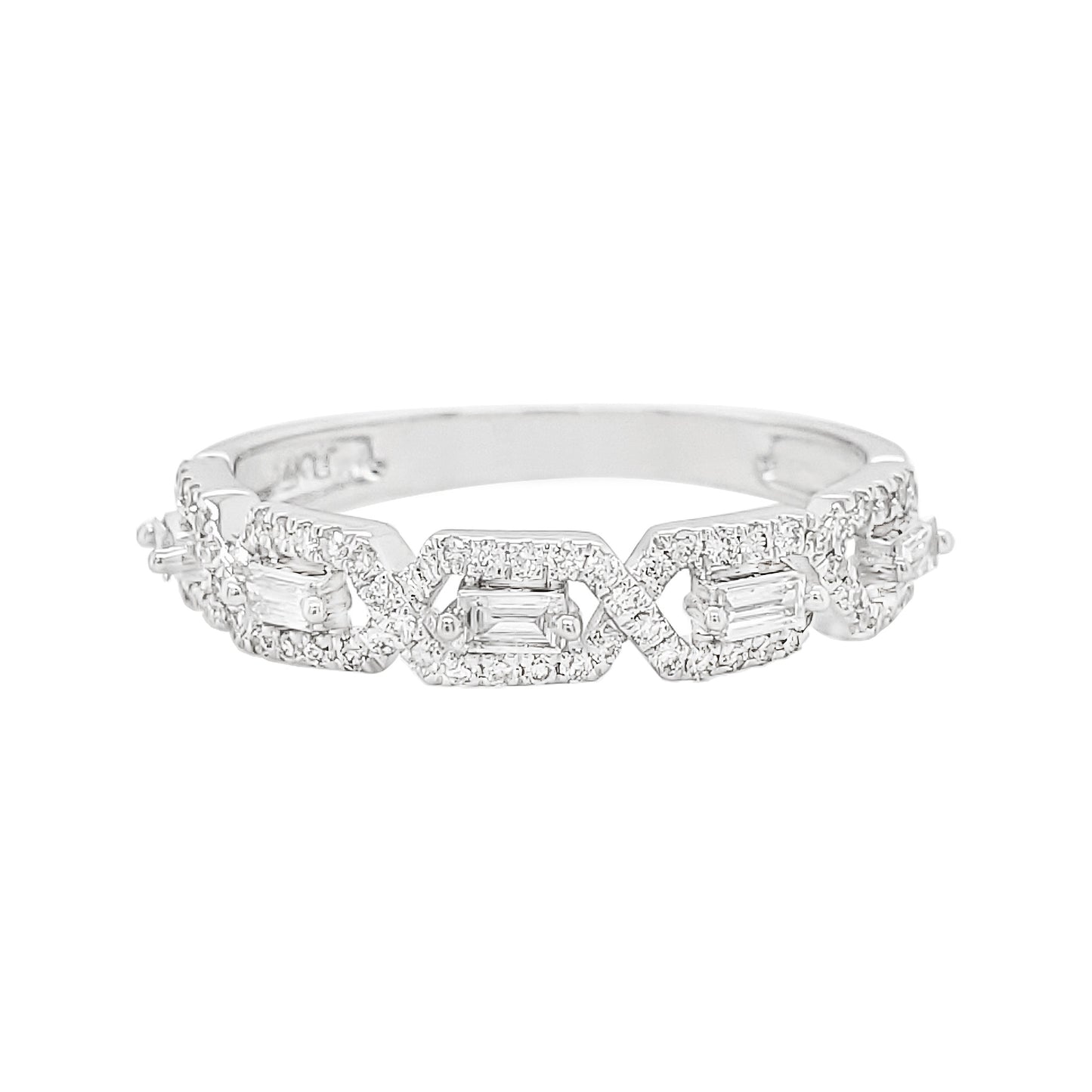 14K White Gold Baguette Diamond Infinity Link Ring, Geometric Wedding Band