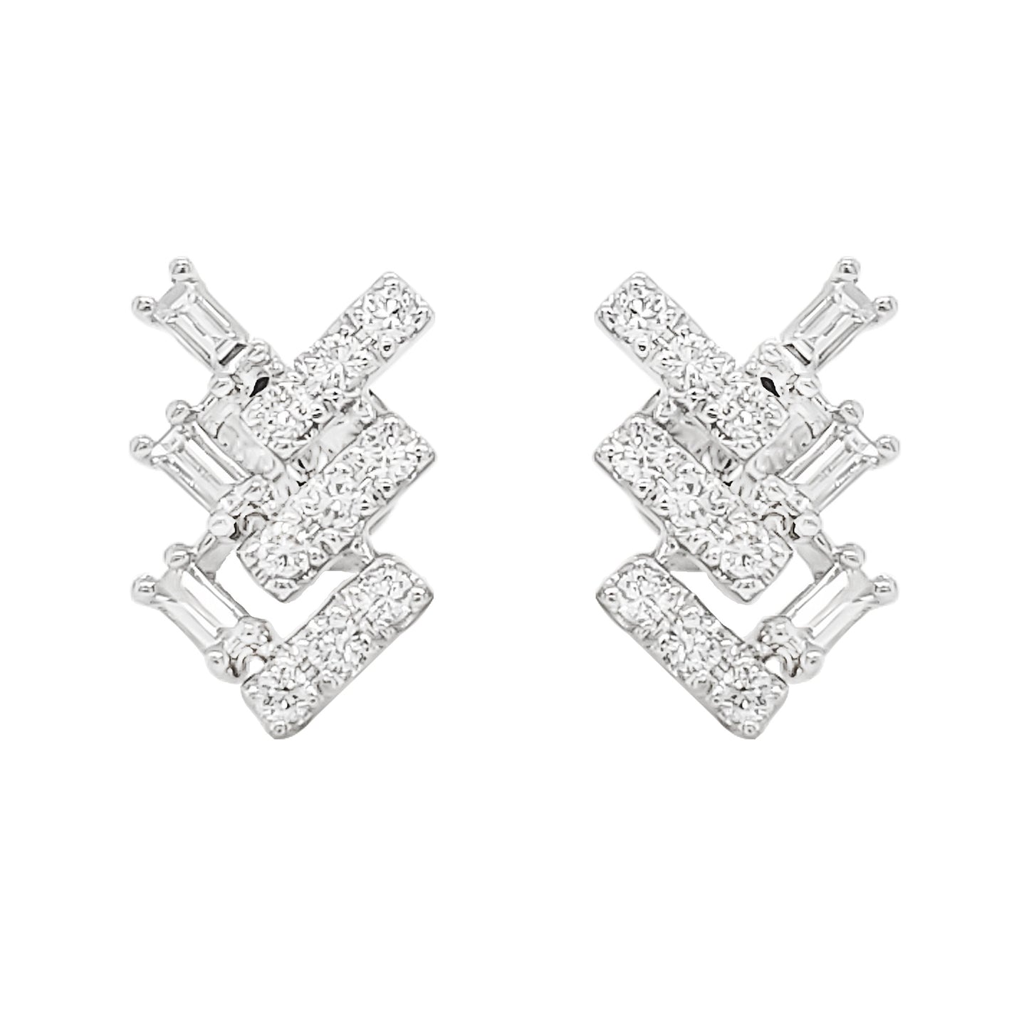 14K White Gold Baguette Diamond Stud Earrings, Geometric Chevron Design