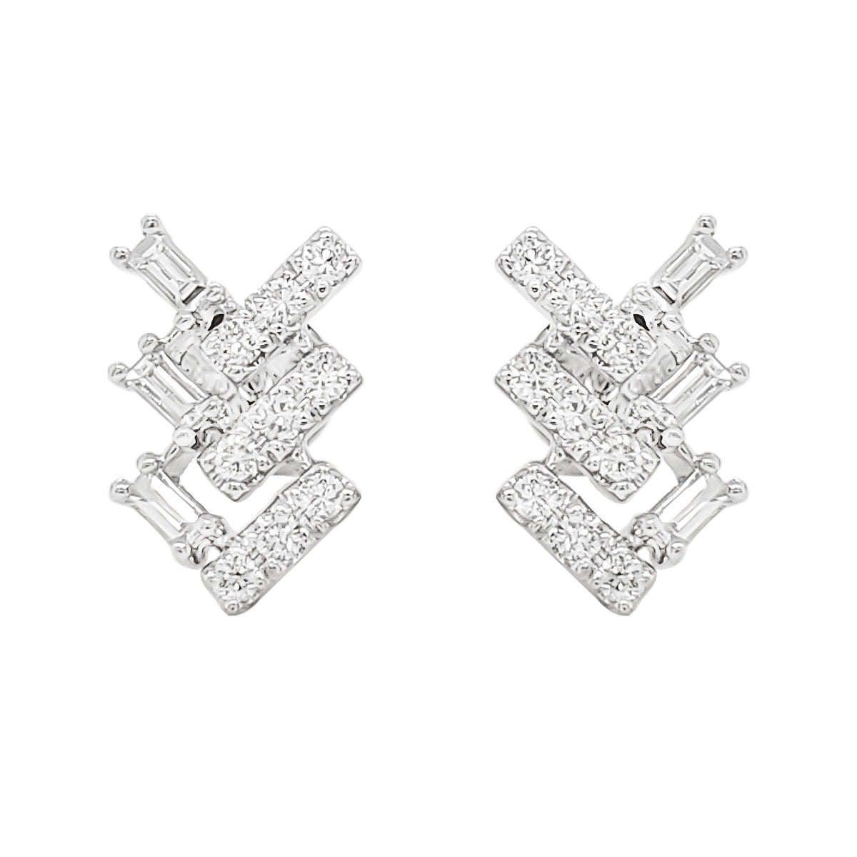 14K White Gold Baguette Diamond Stud Earrings, Geometric Chevron Design