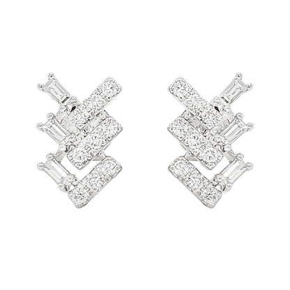 14K White Gold Baguette Diamond Stud Earrings, Geometric Chevron Design
