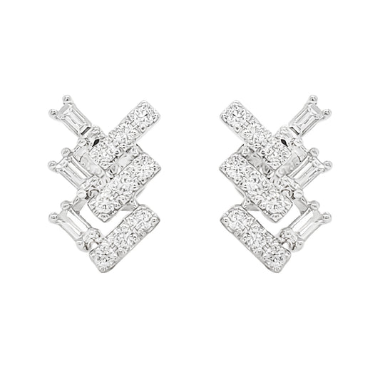 14K White Gold Baguette Diamond Stud Earrings, Geometric Chevron Design