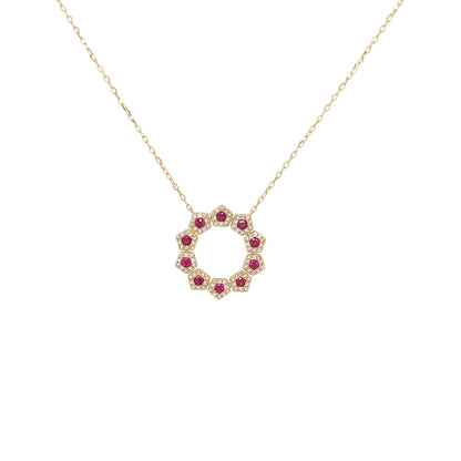 14K Gold Ruby Diamond Halo Necklace, Geometric Starburst Pendant